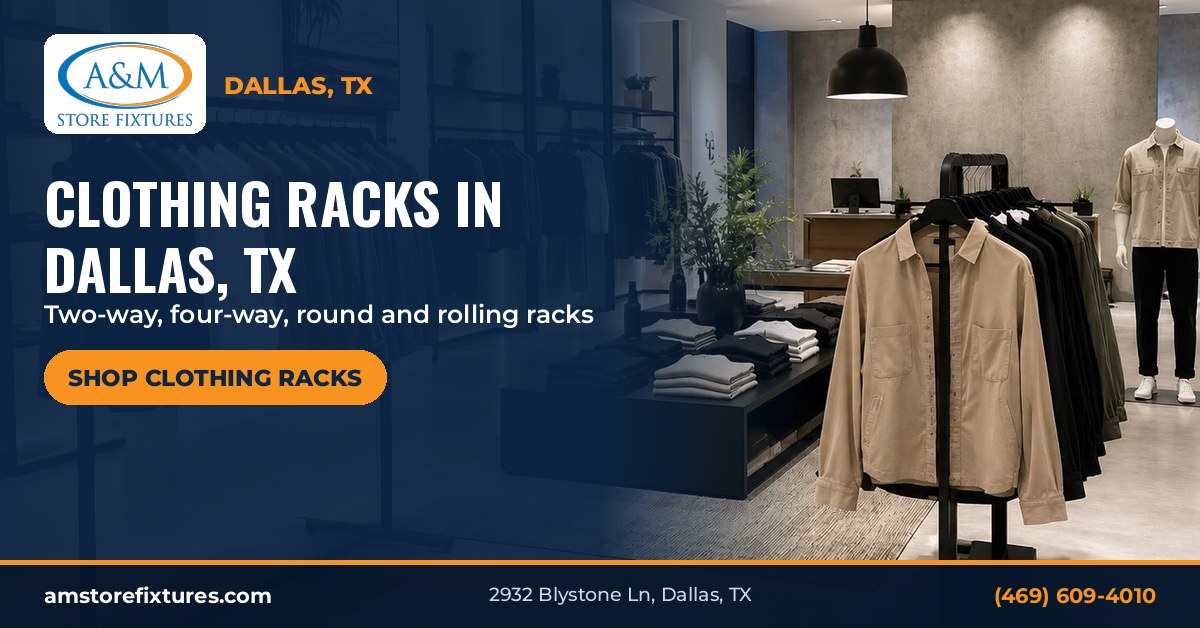 Clothing racks in Dallas, TX: black clothing racks with jackets and shirts in a modern boutique