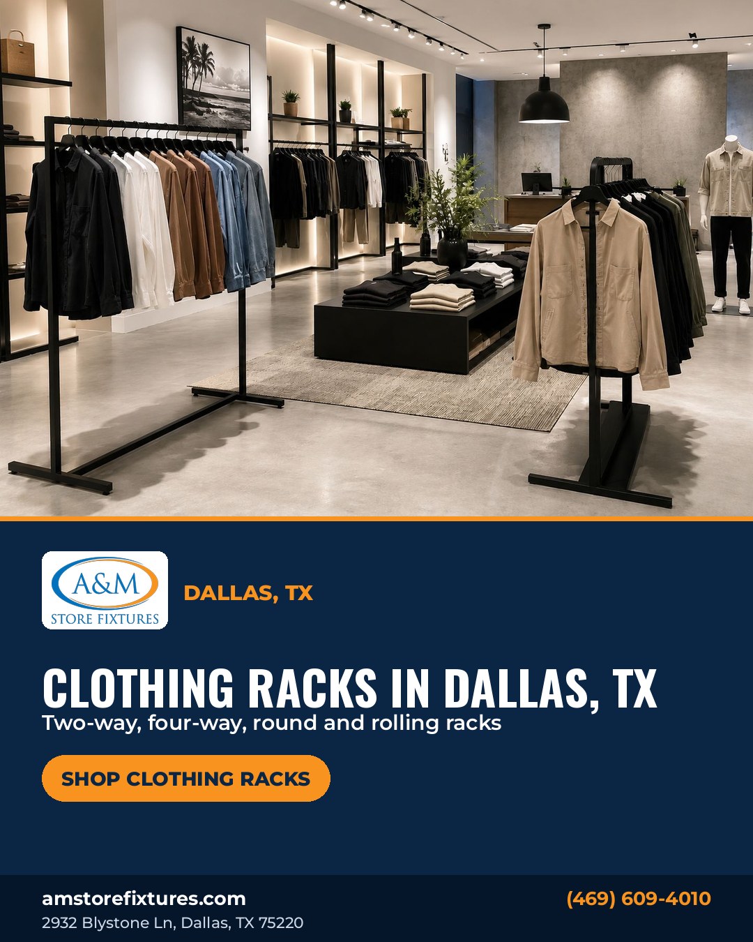 Clothing racks in Dallas, TX: black clothing racks with jackets and shirts in a modern boutique (poster)